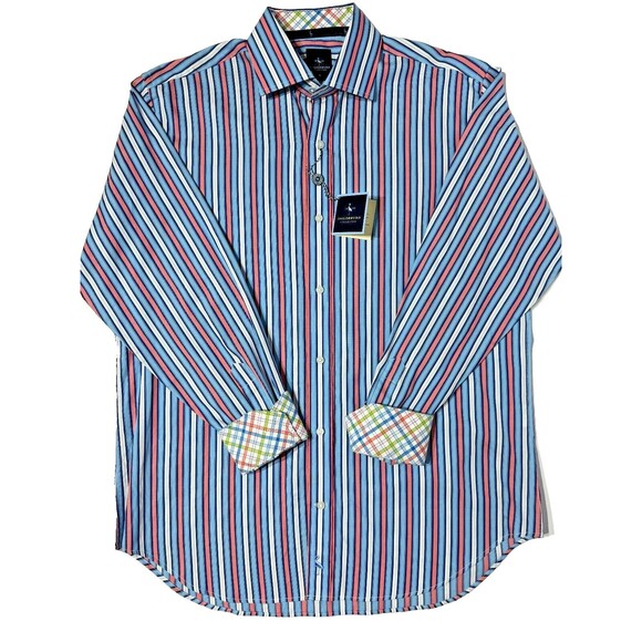 NWT $99 Tailor Byrd LS Button Down Shirt Blue Pink Stripe Flip Cuff Men’s Size L - Picture 1 of 11